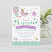 Mermaid Baby Dusche Einladung Aquamarin Lila Gold (Stehend Vorderseite)