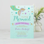 Mermaid Baby Dusche Einladung Aquamarin Lila Gold (Stehend Vorderseite)