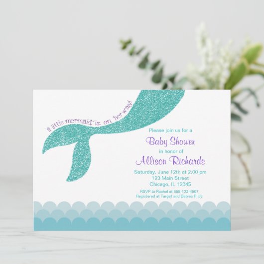 Mermaid Baby Dusche Einladung, aquamarines Aqua li Einladung (Stehend Vorderseite)