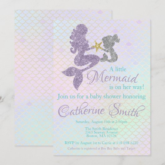 Mermaid Baby Dusche Einladung Lavender Gold Aquama (Vorne/Hinten)