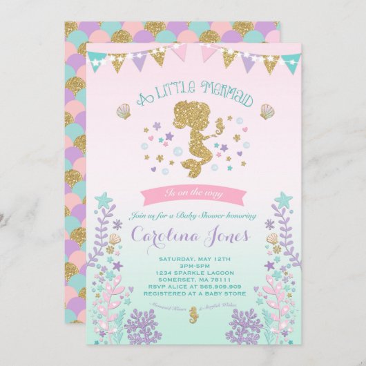 Mermaid Baby Dusche Einladung Pink Aquamarin Lila (Vorne/Hinten)
