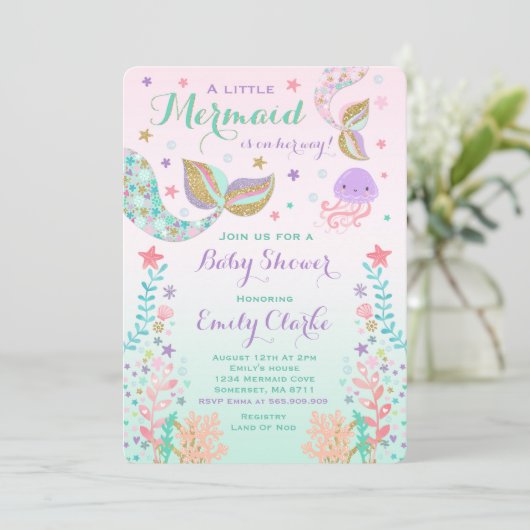 Mermaid Baby Dusche Einladung Pink Gold Dusche (Stehend Vorderseite)