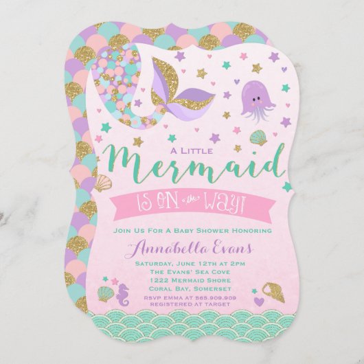 Mermaid Baby Dusche Einladung Pink Lila Aquamarin (Vorne/Hinten)