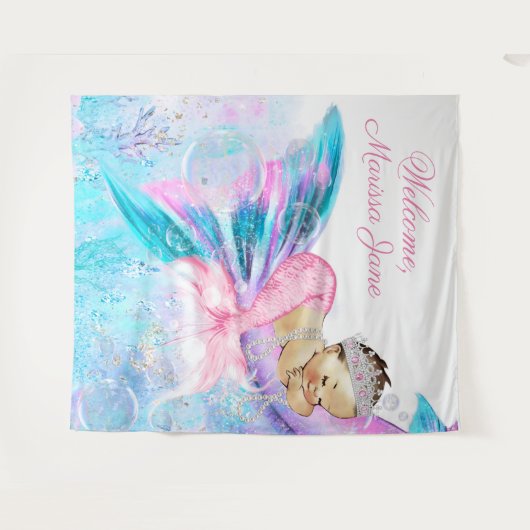 Mermaid Baby Dusche Hintergrund Brünett Mermaid Wandteppich (Vorderseite (Horizontal))