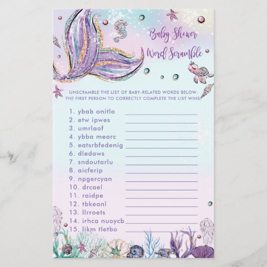 Mermaid Baby Dusche Word Scramble Fun Game Sheet (Vorderseite)