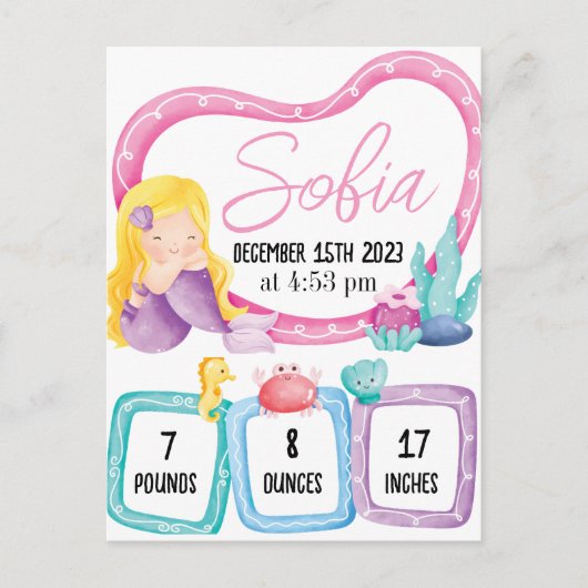 Mermaid Baby Photo Birth Stats Announcement Ankündigungspostkarte (Vorderseite)