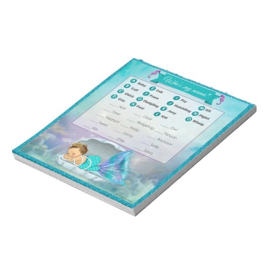 Mermaid Baby Shower Animal Match Game#130 40Sheets Notizblock (Rotiert)