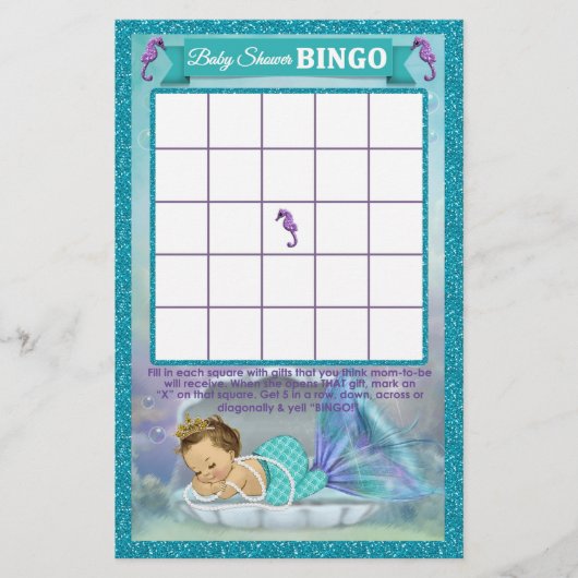 Mermaid Baby Shower Bingo Game Card #130 (Vorderseite)