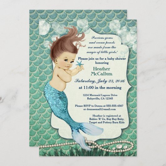 Mermaid Baby Shower Einladung für Mädchen (Vorne/Hinten)