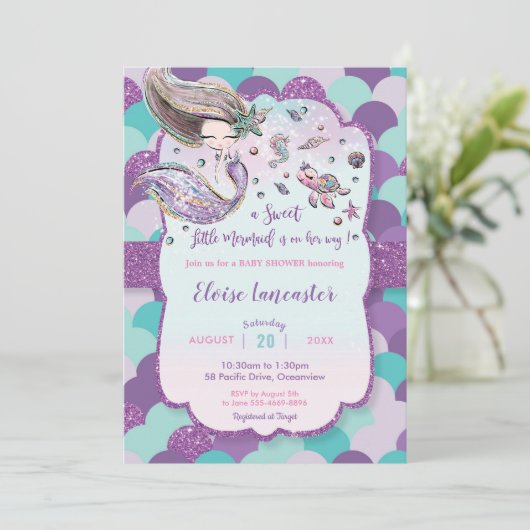 Mermaid Baby Shower Girl Under Sea Lila Einladung (Stehend Vorderseite)