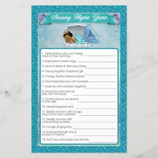 Mermaid Baby Shower Kinderzimmer Rhyme Game #135 Flyer (Vorne)