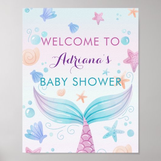 Mermaid Baby Shower Muschel Under Sea B Begrüßung Poster (Vorne)