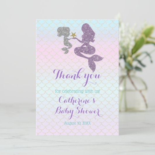 Mermaid Baby Shower Sparkle Lila Aquamarin anpasse Dankeskarte (Stehend Vorderseite)