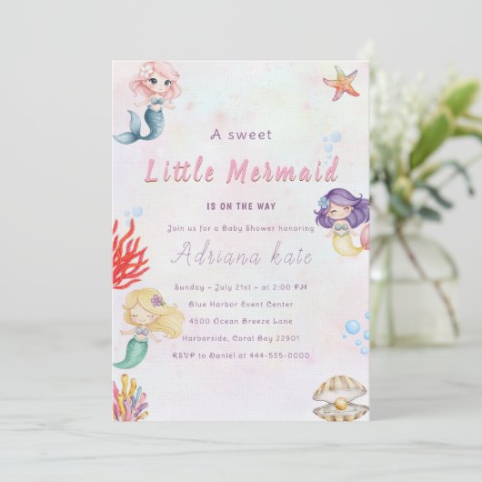 Mermaid Baby Shower Under the Sea Baby Girl Invita Einladung (Stehend Vorderseite)