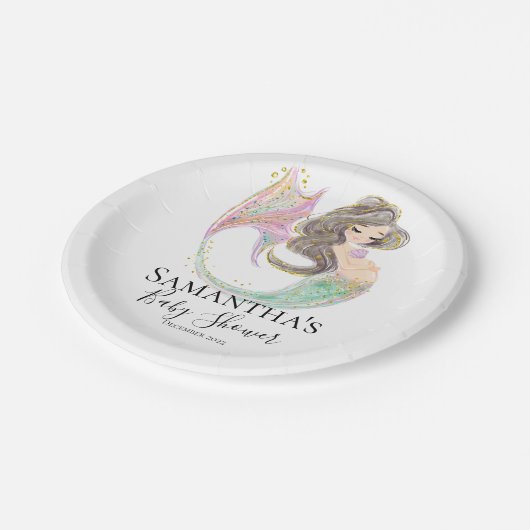 Mermaid Babydusche. Unter dem Meer. Glitzer Pappteller (Schrägansicht)