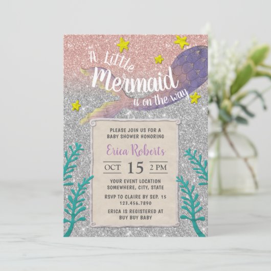 Mermaid Babydusche unter dem Meer Silberner Glitze Einladung (Stehend Vorderseite)