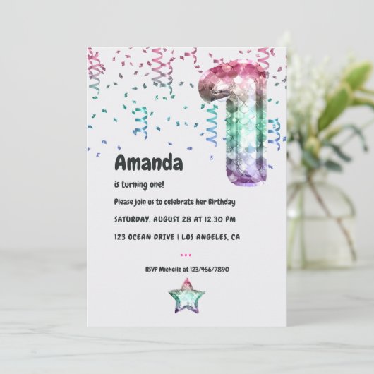 Mermaid Balloon 1. Geburtstag Einladung (Stehend Vorderseite)