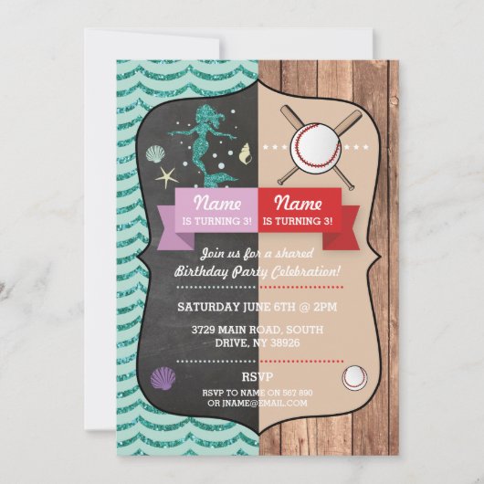 Mermaid & Baseball Joint Boy Girl Birthday Invites Einladung (Vorderseite)