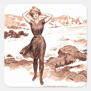 Mermaid Beach Gibson Girl Viktorianisch Antique Quadratischer Aufkleber