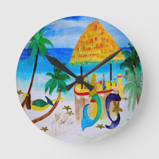 Mermaid Beach Tiki Bar Art Runde Wanduhr (Vorderseite)