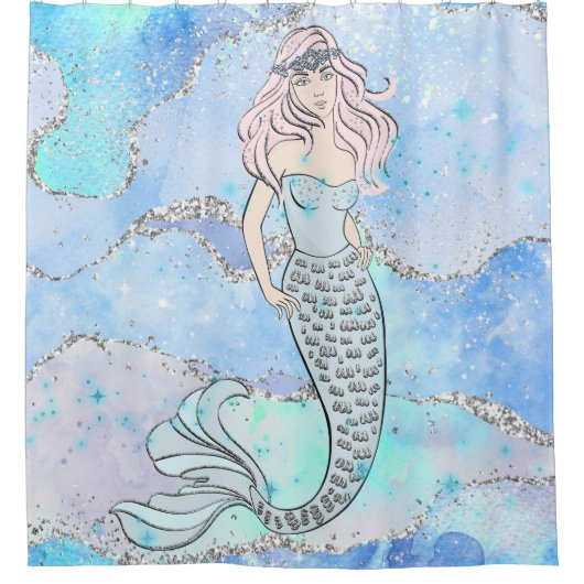 Mermaid Beautiful Ocean Blue Aquamariner Glitzer C Duschvorhang (Vorderseite)