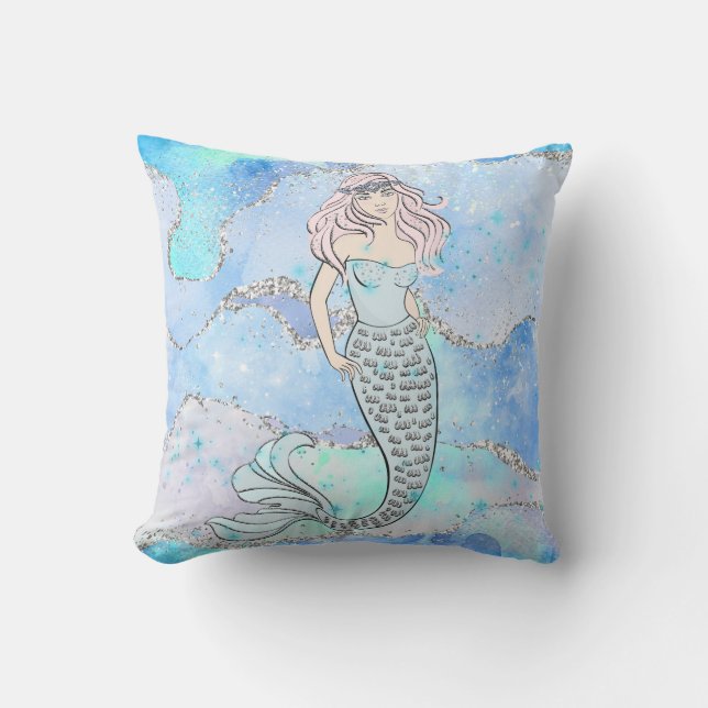 Mermaid Beautiful Underwater Blue Aquamariner Glit Kissen (Vorderseite)