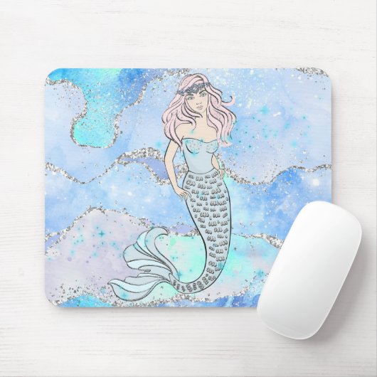 Mermaid Beautiful Underwater Blue Aquamariner Glit Mousepad (Mit Mouse)