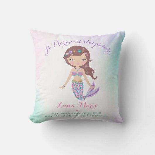Mermaid Birth Stats Throw Pillow Mermaid Nursery Kissen (Vorderseite)
