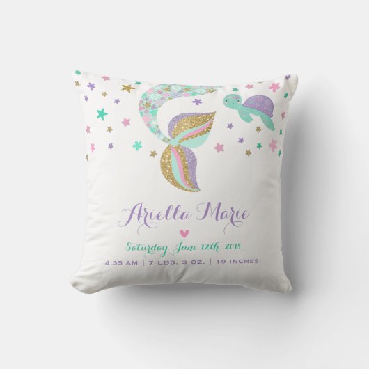 Mermaid Birth Stats Throw Pillow Mermaid Nursery Kissen (Vorderseite)