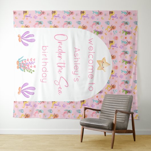 Mermaid Birthday Backdrop Tapestation Wandteppich (Beispiel (Horizontal))