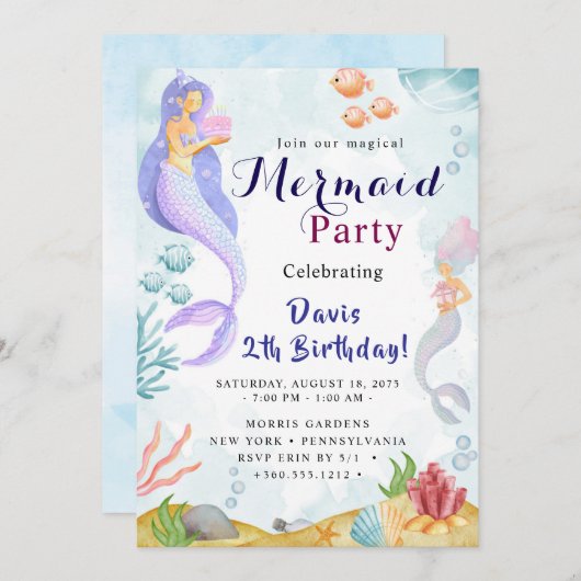 Mermaid Birthday Bash Einladung (Vorne/Hinten)