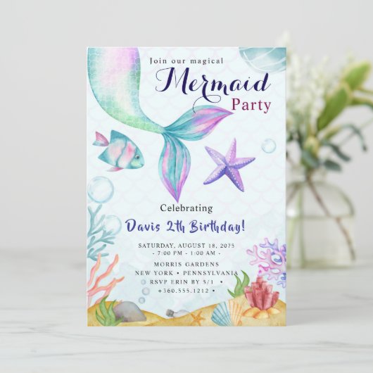 Mermaid Birthday Bash Einladung (Stehend Vorderseite)