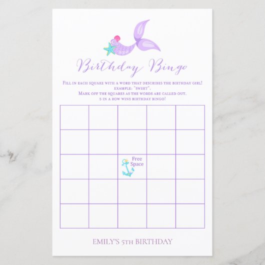Mermaid Birthday Bingo (Vorderseite)