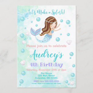 Mermaid Birthday Einladung / Brünette Meerjungfrau