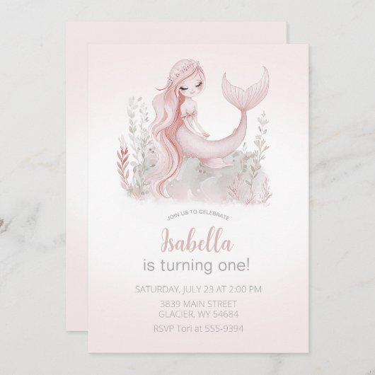 Mermaid Birthday Einladung in Rosa (Vorne/Hinten)