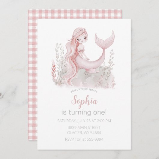 Mermaid Birthday Einladung in Rosa (Vorne/Hinten)