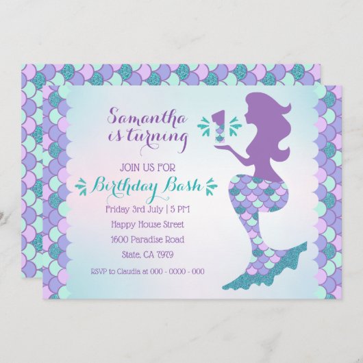 Mermaid Birthday Einladung Mermaid Nummer 1 (Vorne/Hinten)