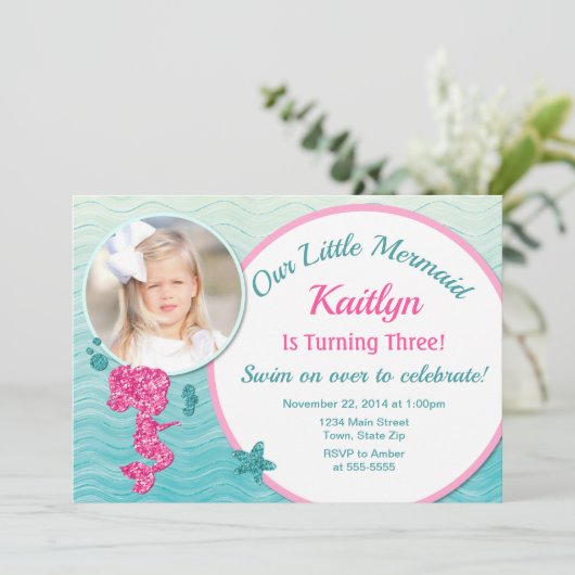Mermaid Birthday Einladung Pink Girl Glitzer (Stehend Vorderseite)