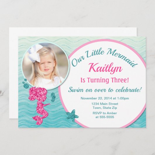 Mermaid Birthday Einladung Pink Girl Glitzer (Vorne/Hinten)