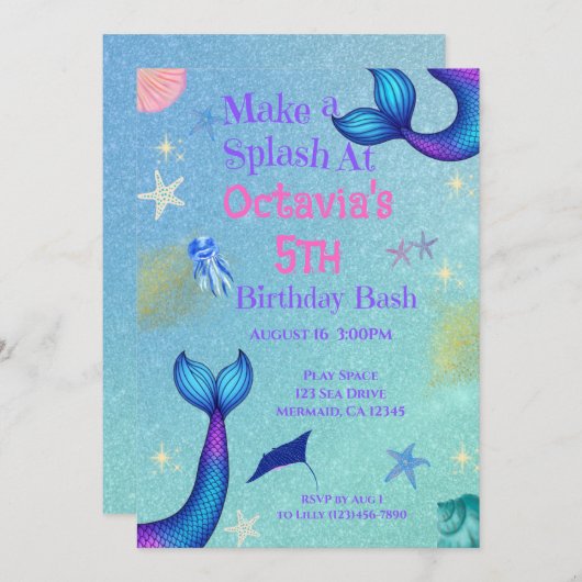 Mermaid Birthday Einladung | Unter dem Party (Vorne/Hinten)