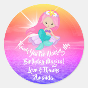 Mermaid Birthday Favor Girl Magic Sunset Pink Runder Aufkleber