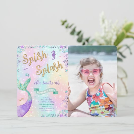 Mermaid Birthday Foto Einladung (Stehend Vorderseite)