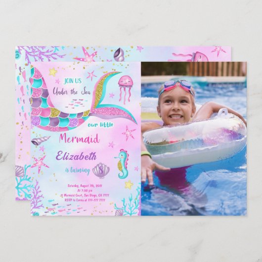 Mermaid Birthday Foto Einladung (Vorne/Hinten)