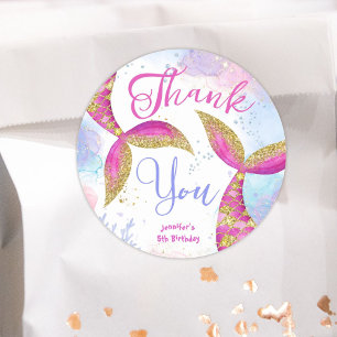 Mermaid Birthday Girls Pink Gold Runder Aufkleber