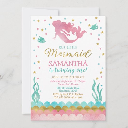 Mermaid Birthday Invitation, Aquarellmaid Einladung (Vorderseite)