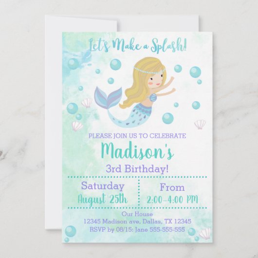 Mermaid Birthday Invitation, Blonde Mermaid Einladung (Vorderseite)