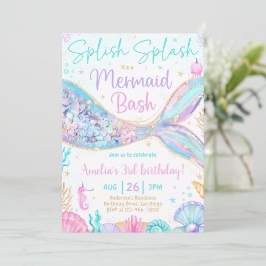 Mermaid Birthday Invitation, Editable Mermaid Bash Einladung (Stehend Vorderseite)
