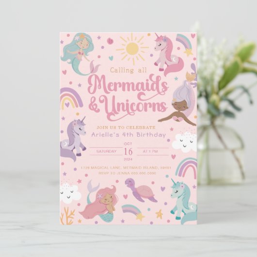 Mermaid Birthday Invitation Four - Cute Pink Einladung (Stehend Vorderseite)