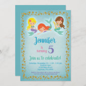 Mermaid Birthday Invitation - Girls Blue Gold Einladung (Vorne/Hinten)