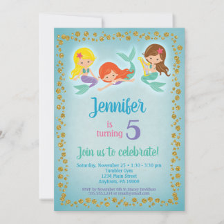 Mermaid Birthday Invitation - Girls Blue Gold Einladung